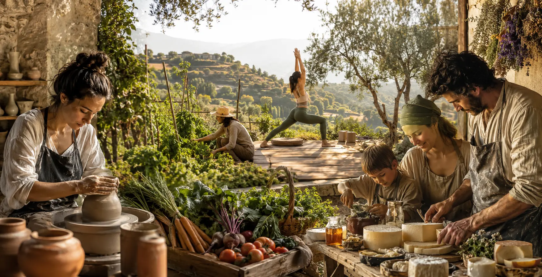 Escena demostrativa de comunidad rural, artesanía, bienestar y naturaleza
